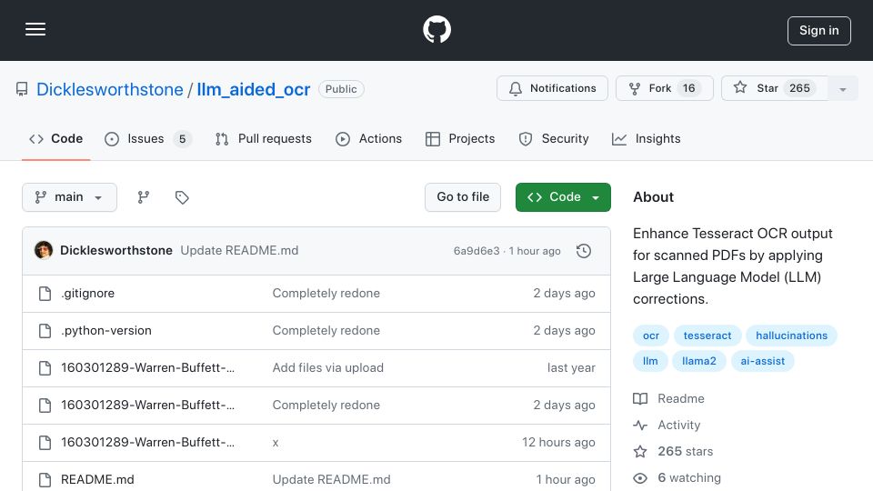 Screenshot of github.com: Show HN: LLM-aided OCR – Correcting Tesseract OCR errors with LLMs
