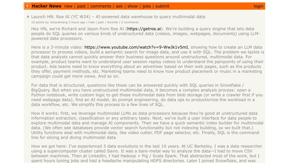 Screenshot of Hacker News post: Launch HN: Roe AI (YC W24) – AI-powered data warehouse to query multimodal data