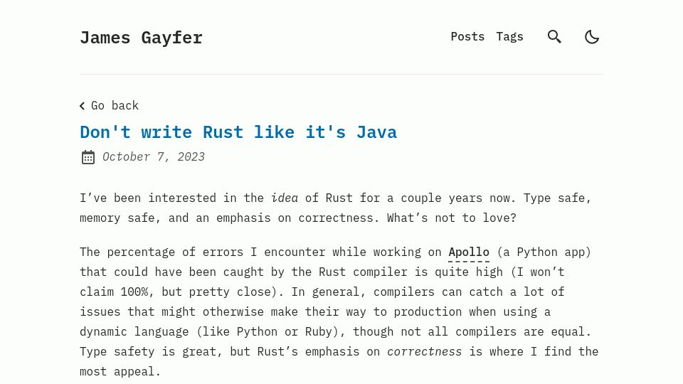 Screenshot of jgayfer.com: Don't write Rust like it's Java