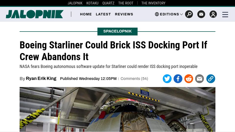 Screenshot of jalopnik.com: Boeing Starliner could brick ISS docking port if crew abandons it