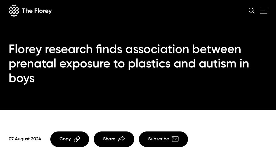 Screenshot of florey.edu.au: Research finds link between prenatal exposure to plastics and autism in boys