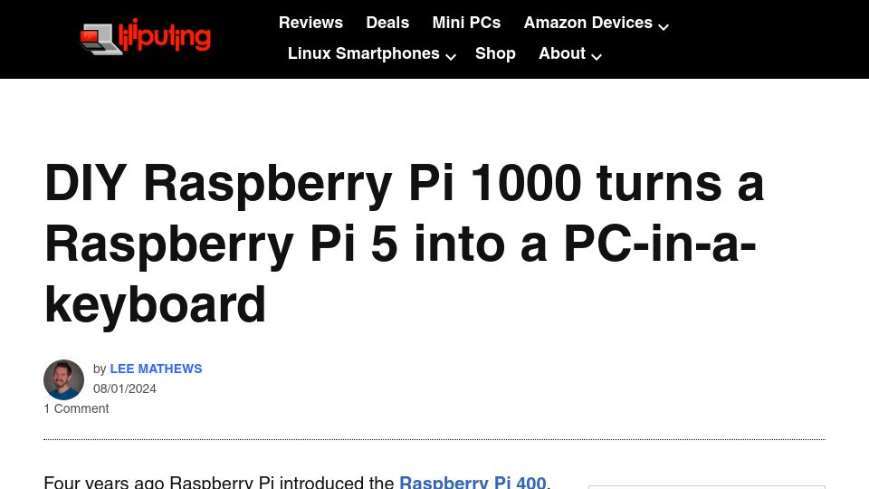 Screenshot of liliputing.com: DIY Raspberry Pi 1000 turns a Raspberry Pi 5 into a PC-in-a-keyboard