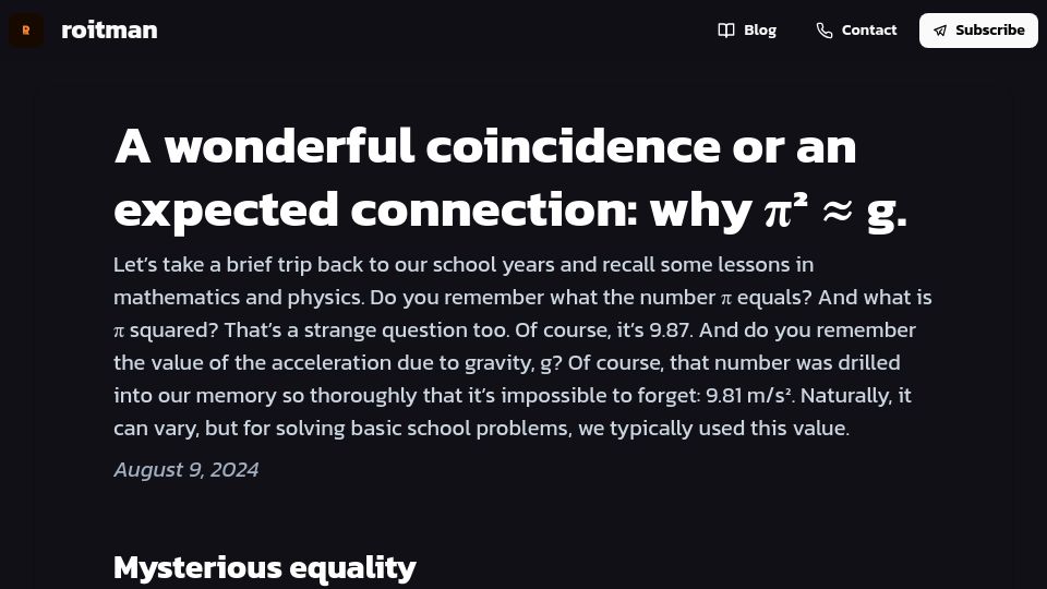Screenshot of roitman.io: A wonderful coincidence or an expected connection: why π² ≈ g