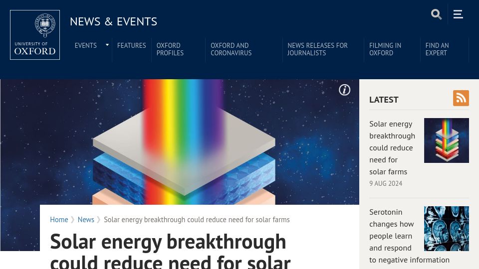 Screenshot of ox.ac.uk: Solar energy breakthrough could reduce need for solar farms