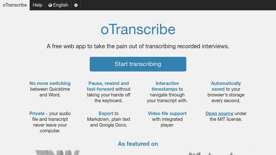 Screenshot of otranscribe.com: OTranscribe: A free and open tool for transcribing audio interviews