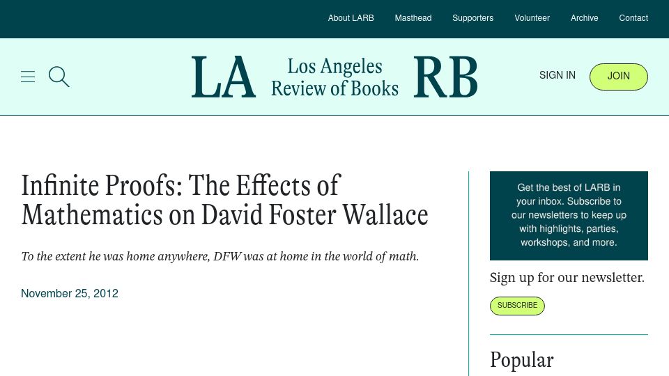 Screenshot of lareviewofbooks.org: Infinite Proofs: The Effects of Mathematics on David Foster Wallace (2012)