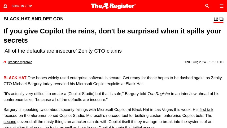 Screenshot of theregister.com: If you give Copilot the reins, don't be surprised when it spills your secrets