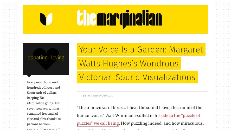 Screenshot of themarginalian.org: Voice is a garden: Margaret Watts Hughes's Victorian sound visualizations
