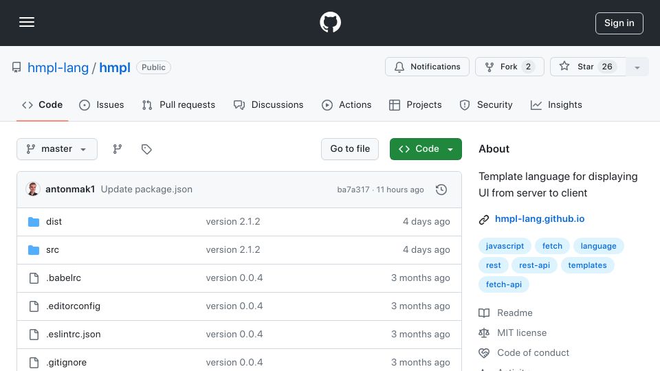 Screenshot of github.com: HMPL – template language for displaying UI from server to client