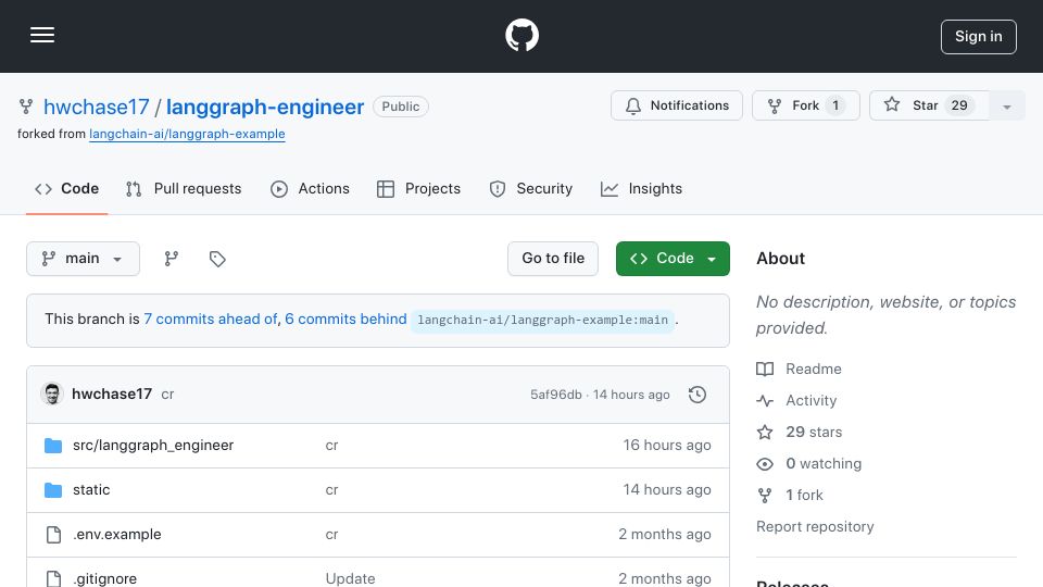 Screenshot of github.com: LangGraph Engineer