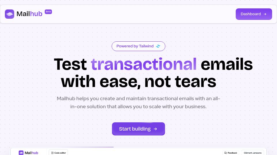Screenshot of mailhub.sh: Show HN: I built Mailhub – A scalable API for sending emails with ease not tears
