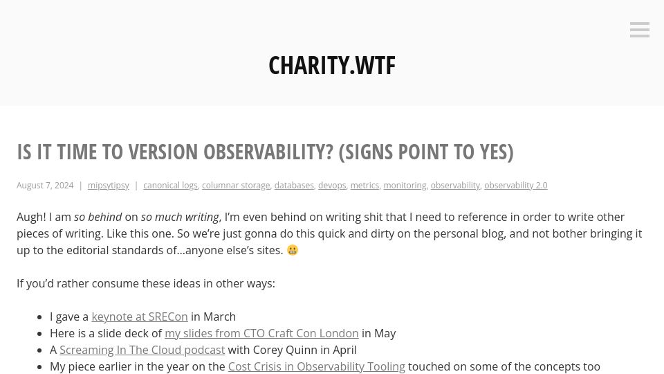Screenshot of charity.wtf: Is it time to version observability?
