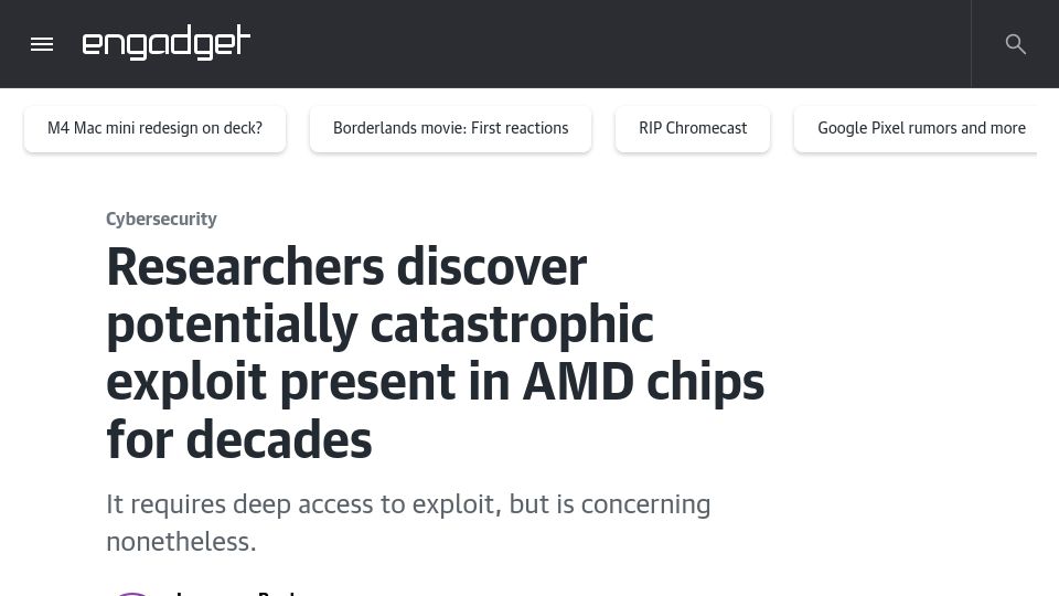 Screenshot of engadget.com: Researchers discover potentially catastrophic exploit present in AMD chips