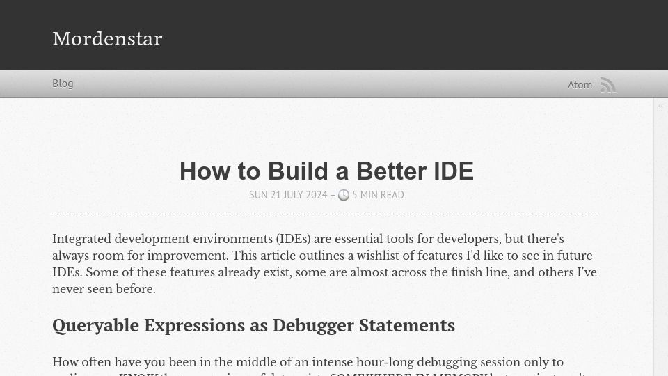 Screenshot of mordenstar.com: Features I'd like to see in future IDEs