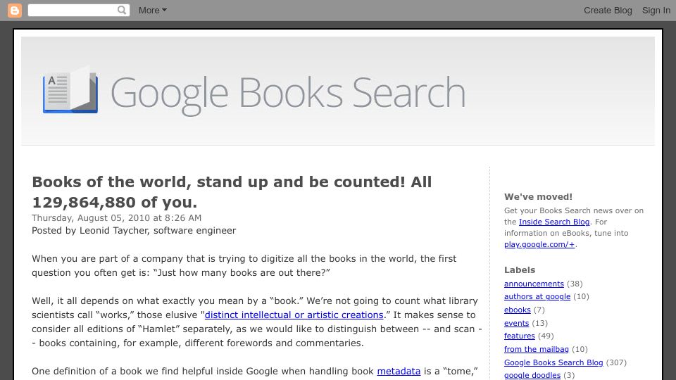 Screenshot of booksearch.blogspot.com: Books of the world, stand up and be counted All 129,864,880 of you. (2010)