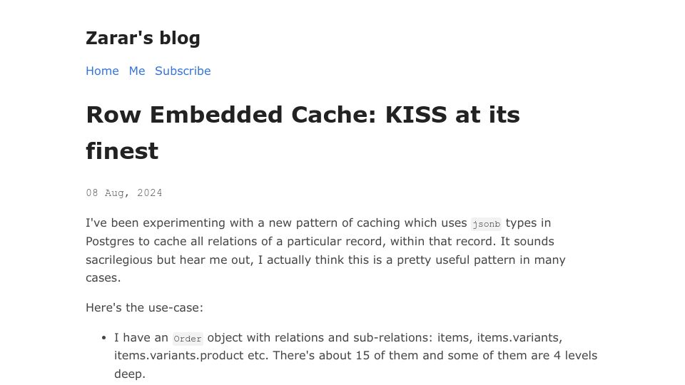 Screenshot of zarar.dev: Row Embedded Cache: Experimenting with a new pattern of caching