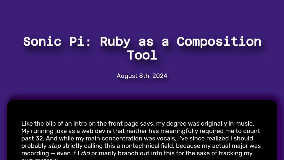 Screenshot of bhmt.dev: Sonic Pi: Ruby as a Composition Tool