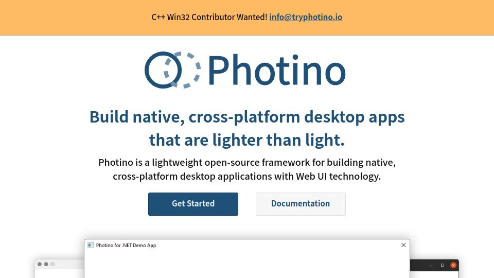 Screenshot of tryphotino.io: Photino: A lighter Electron