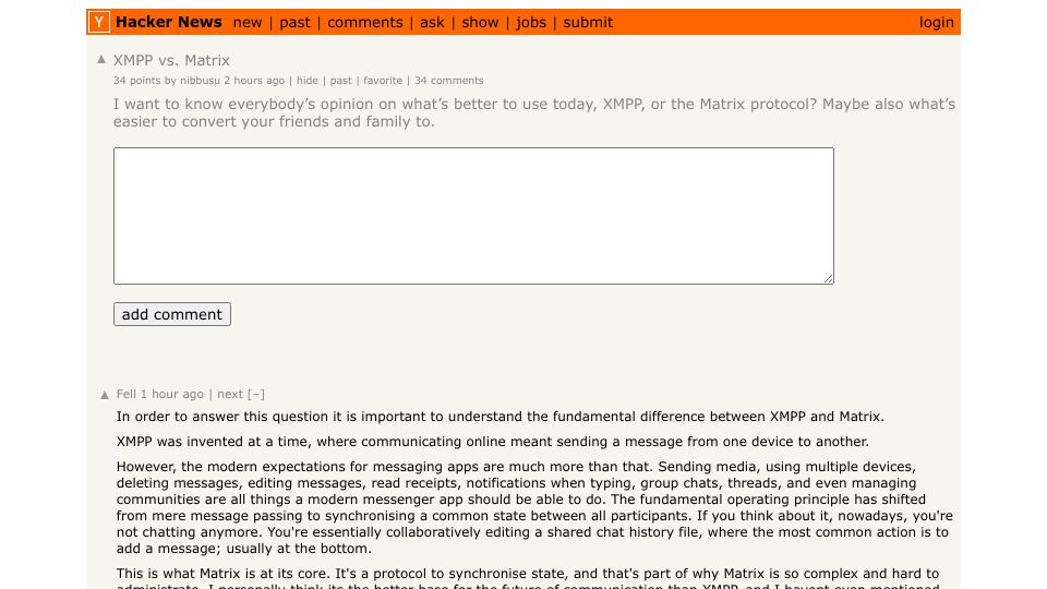 Screenshot of Hacker News post: XMPP vs. Matrix