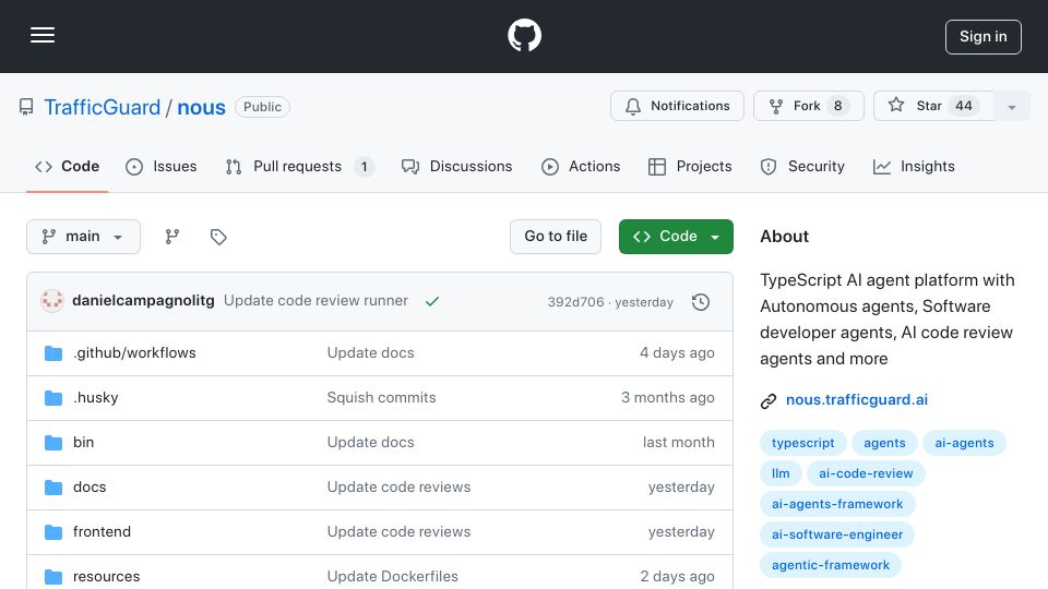 Screenshot of github.com: Show HN: Nous – Open-Source Agent Framework with Autonomous, SWE Agents, WebUI