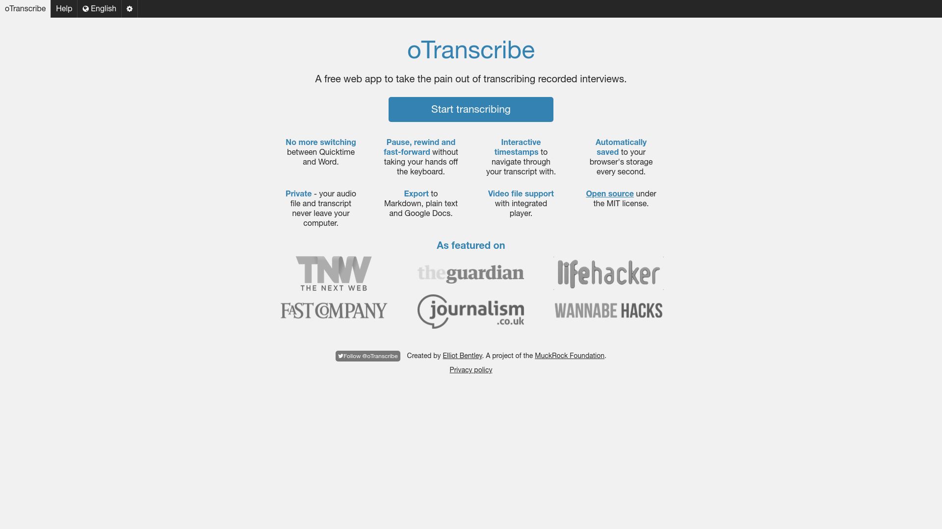 Screenshot of otranscribe.com: OTranscribe: A free and open tool for transcribing audio interviews