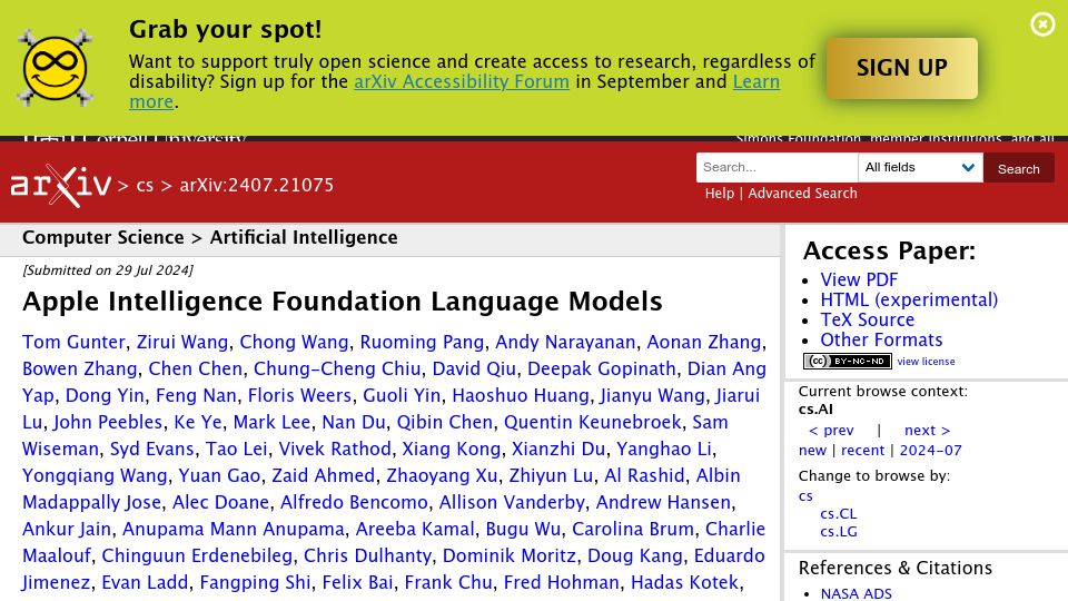 Screenshot of arxiv.org: Apple Intelligence Foundation Language Models