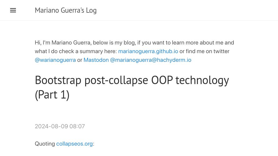 Screenshot of marianoguerra.org: Bootstrap post-collapse OOP technology (Part 1)