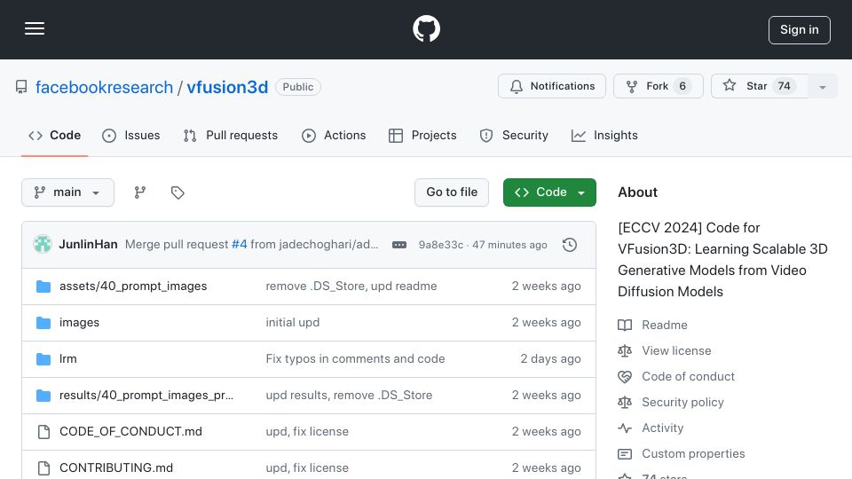Screenshot of github.com: VFusion3D: Learning Scalable 3D Generative Models from Video Diffusion Models