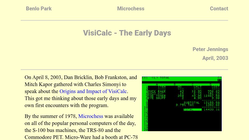 Screenshot of benlo.com: VisiCalc – The Early Days (2003)