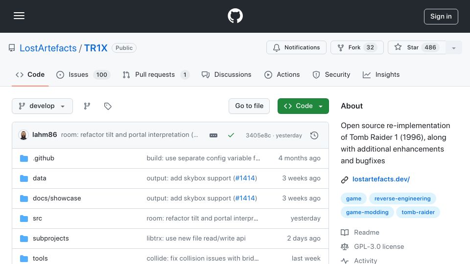 Screenshot of github.com: TR1X: Open-source re-implementation of Tomb Raider 1
