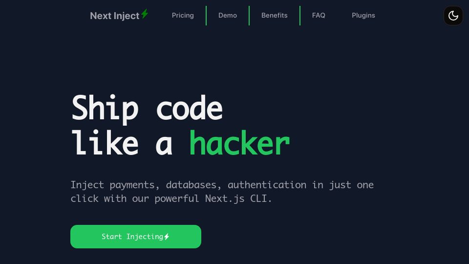 Screenshot of nextinject.pro: Show HN: I created a Next.js CLI to ship code like a hacker