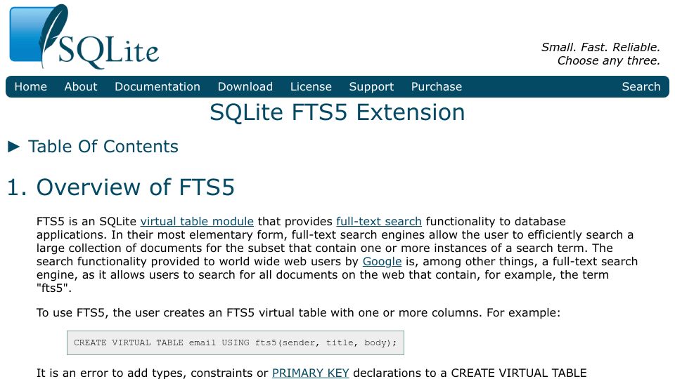 Screenshot of sqlite.org: SQLite FTS5 Extension