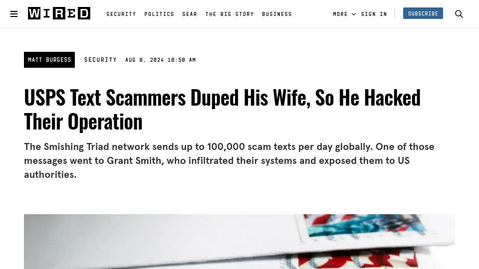 Screenshot of blog.smithsecurity.biz: USPS text scammers duped his wife, so he hacked their operation
