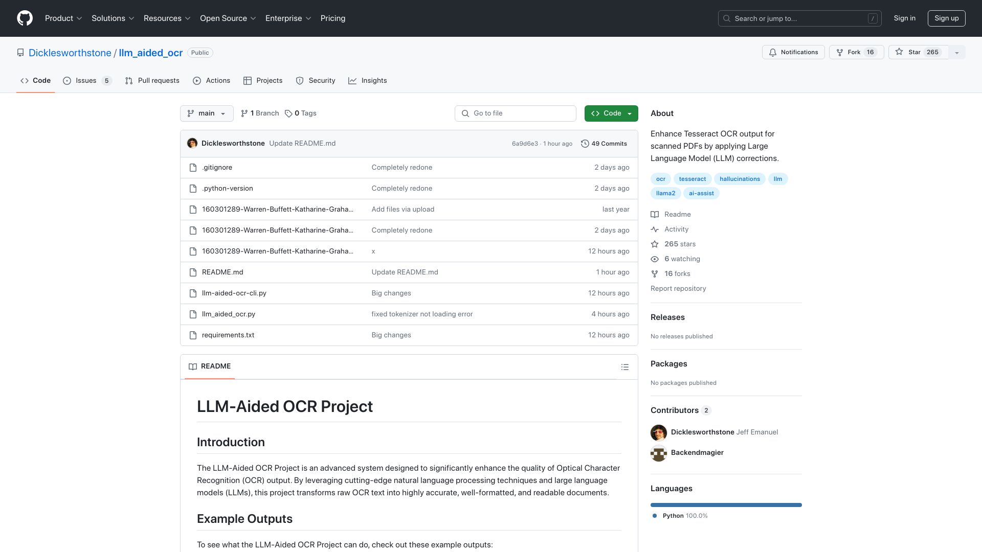 Screenshot of github.com: Show HN: LLM-aided OCR – Correcting Tesseract OCR errors with LLMs