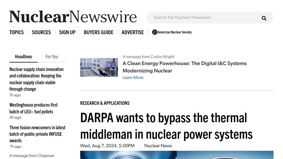 Screenshot of ans.org: DARPA wants to bypass the thermal middleman in nuclear power systems