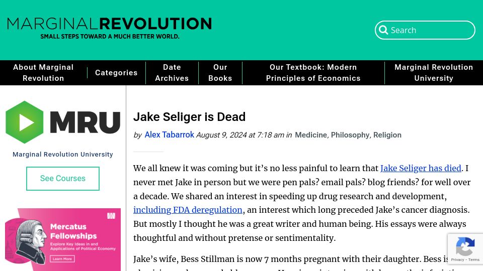 Screenshot of marginalrevolution.com: Jake Seliger has died