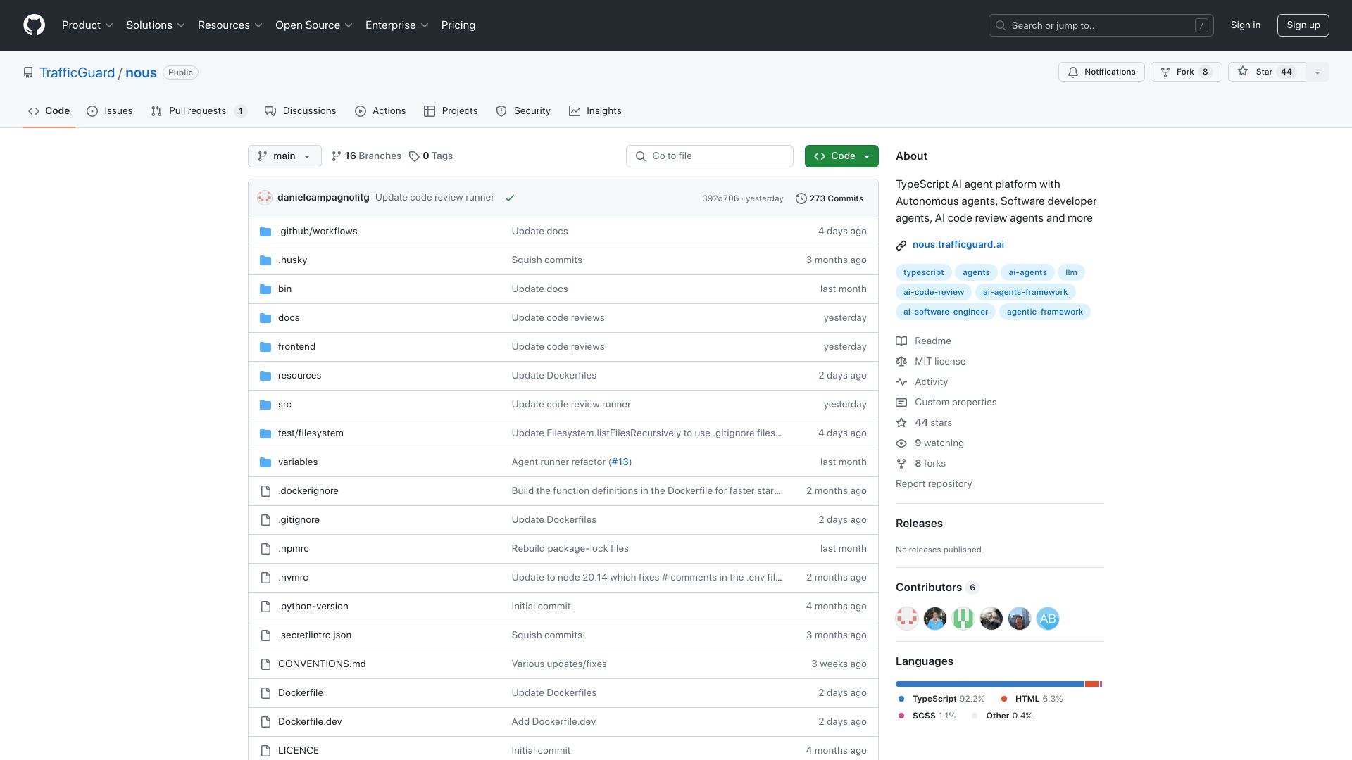 Screenshot of github.com: Show HN: Nous – Open-Source Agent Framework with Autonomous, SWE Agents, WebUI