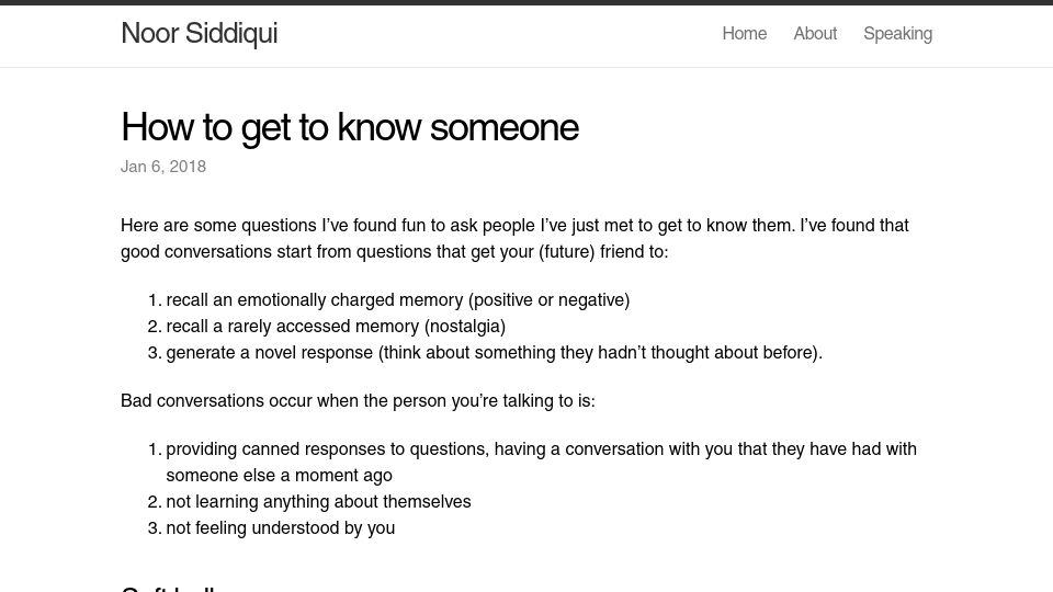 Screenshot of noorsiddiqui.com: How to get to know someone (2018)