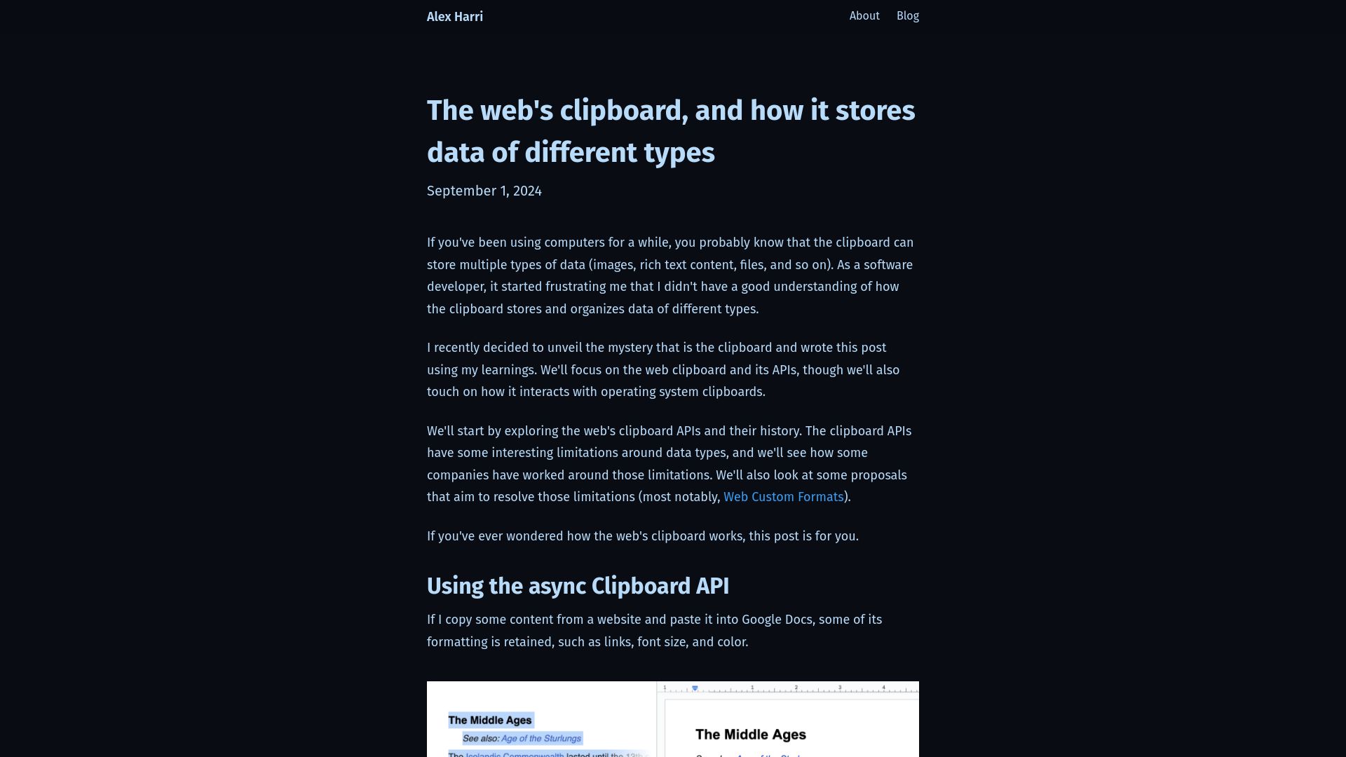 Screenshot of alexharri.com: The web's clipboard, and how it stores data of different types