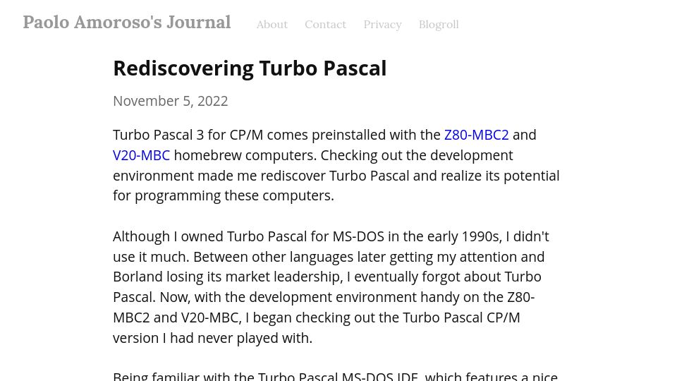 Screenshot of journal.paoloamoroso.com: Rediscovering Turbo Pascal