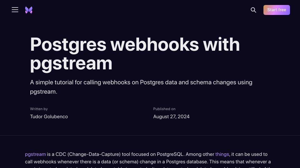 Screenshot of xata.io: Postgres Webhooks with Pgstream