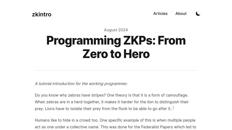 Screenshot of zkintro.com: Programming Zero Knowledge Proofs: From Zero to Hero