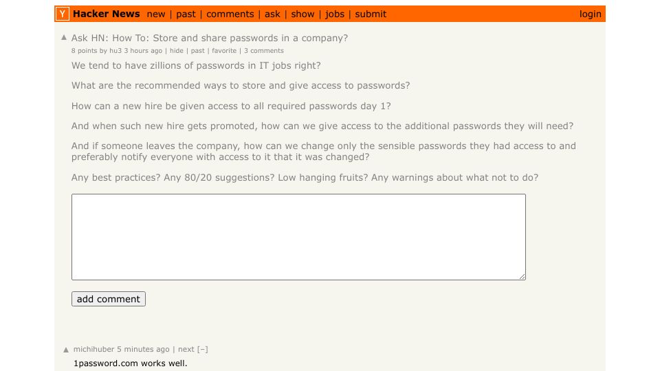 Screenshot of Hacker News post: Ask HN: How to store and share passwords in a company?