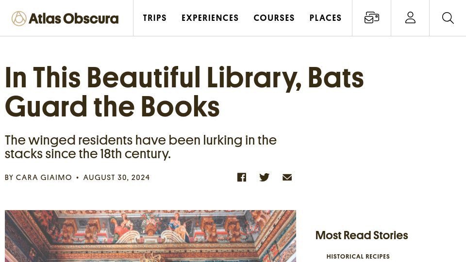 Screenshot of atlasobscura.com: In This Beautiful Library, Bats Guard the Books