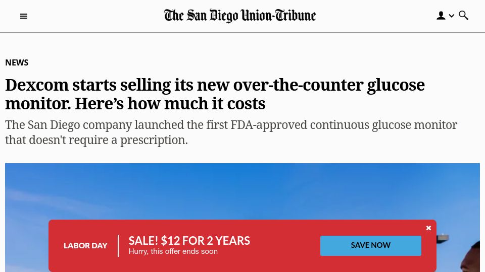 Screenshot of sandiegouniontribune.com: Dexcom starts selling its new over-the-counter glucose monitor in the U.S.