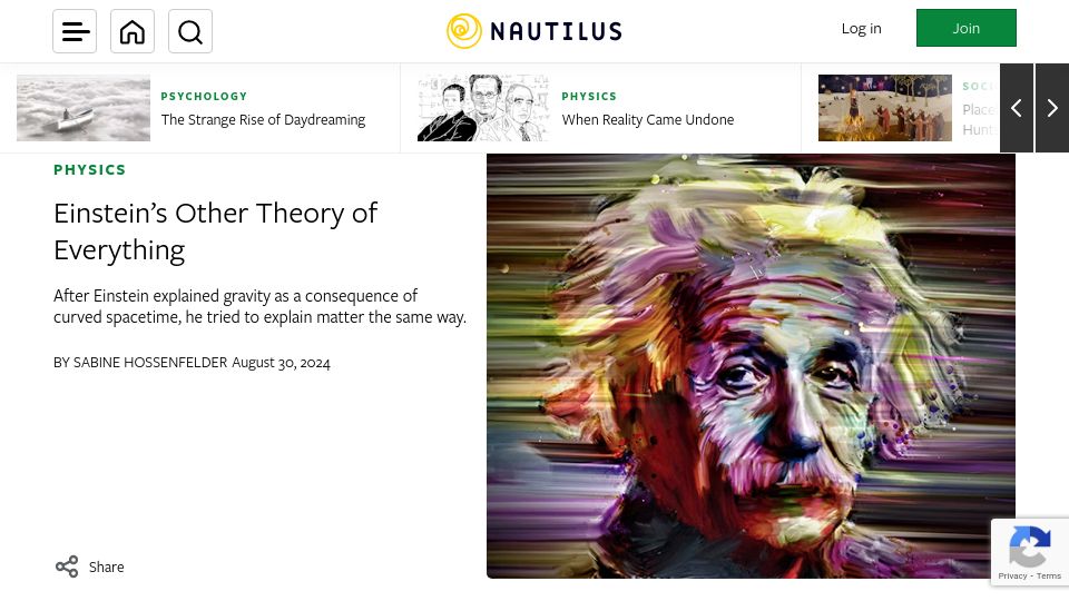 Screenshot of nautil.us: Einstein's Other Theory of Everything