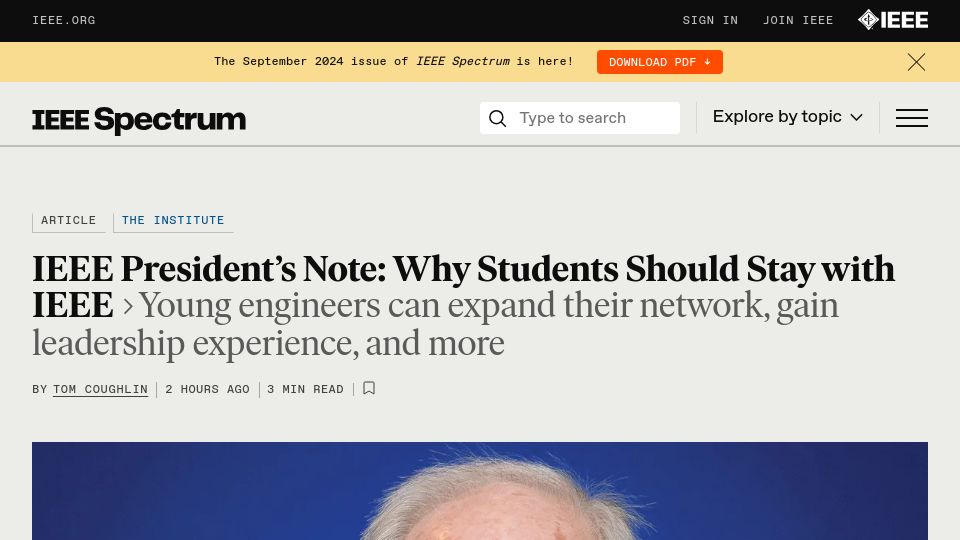 Screenshot of spectrum.ieee.org: IEEE President's Note: Why Students Should Stay with IEEE