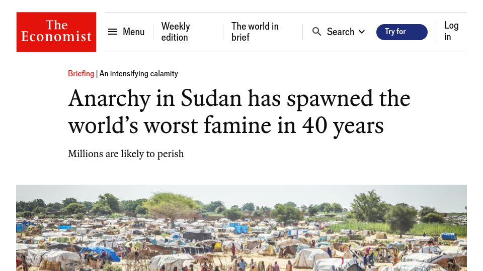 Screenshot of economist.com: Anarchy in Sudan has spawned the world’s worst famine in 40 years