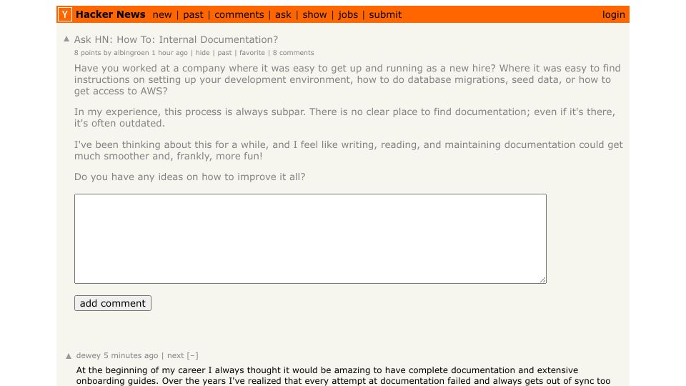 Screenshot of Hacker News post: Ask HN: How To: Internal Documentation?