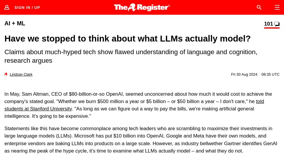Screenshot of theregister.com: Have we stopped to think about what LLMs model?